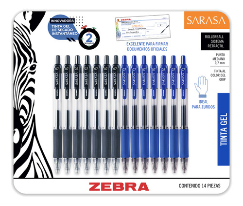 14 Bolígrafos De Tinta Gel Punto Mediano Sarasa Tinta Negra Y Azul Zebra.