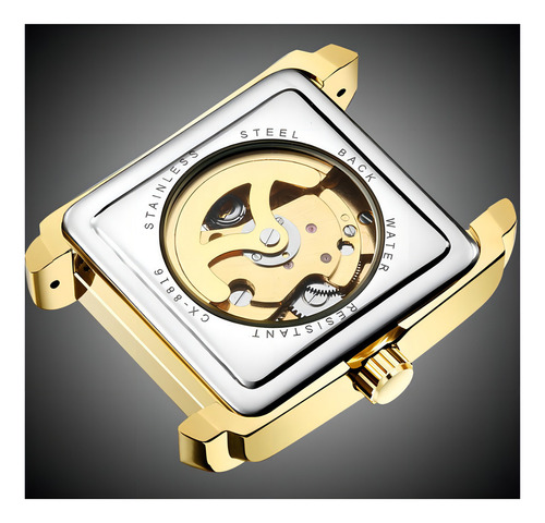 Relógio mecânico de couro oco quadrado Chenxi com fundo dourado/azul