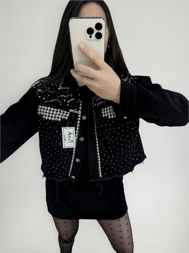 Campera De Jean Tachas Strass Brillos Negra Exclusiva Mujer