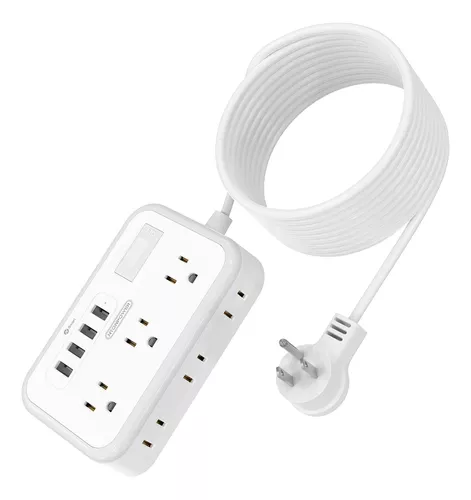 Regleta de alimentación plana – Cable de extensión de enchufe de 5 pies, 6  tomacorrientes, 3 puertos USB, extensor de salida con protección contra