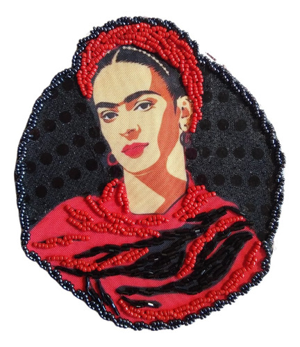 Parche Aplique Frida Kahlo Bordado Mostacilla Negro Estampado