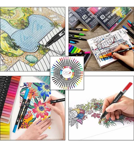 Canetas Brush Pen Kit 24 Cores Desenho Escolar Ponta Dupla