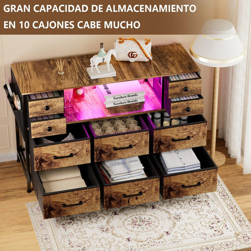 Cómoda Moderna Con Estación Carga+led Con 10 Cajones Para Tv Marrón