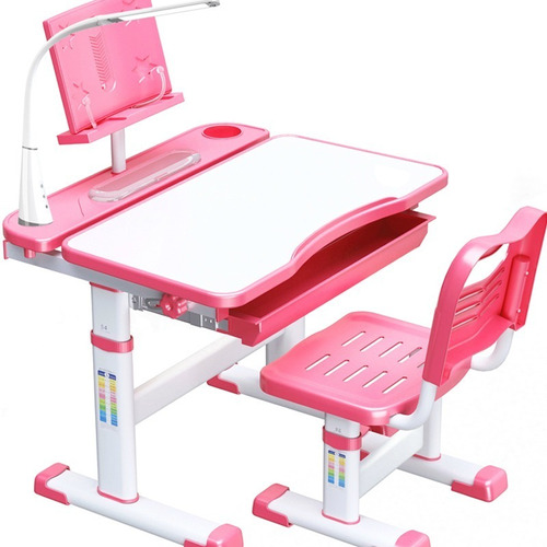 Escritorio Y Silla Infantil Ajustable Rosado Con Lámpara