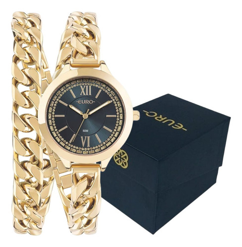 Relógio Feminino Euro Chains Dourado Azul Pulseira Corrente