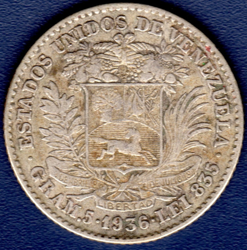 Moneda De Plata De 1 Bolívar Del Año 1936