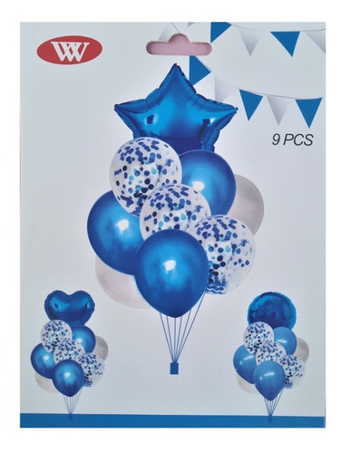 Set X9 Globos Estrella Metalizada Confetti Azul