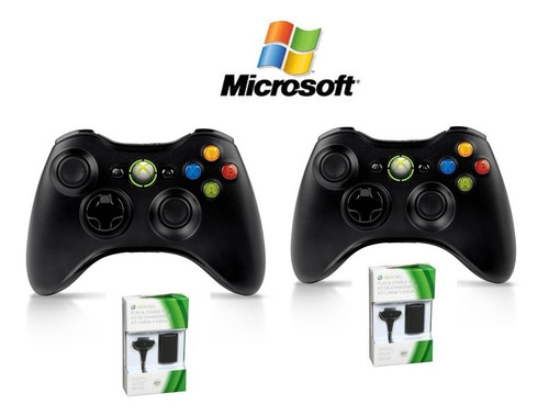 2 Controles Xbox Original Microsoft + 2 Carregor Baterias Pa