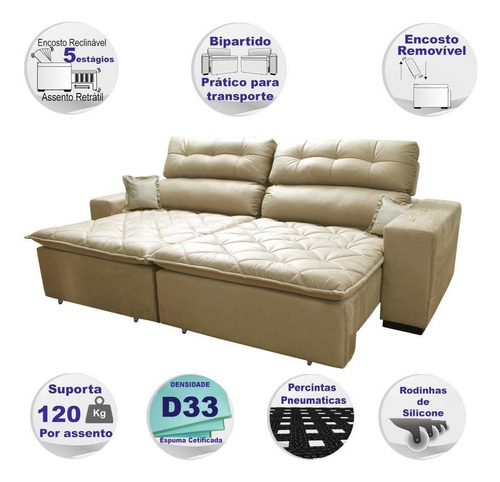 Sofá 3,02m Retrátil E Reclinável Cama Inbox Confort Bege Desenho do tecido Liso