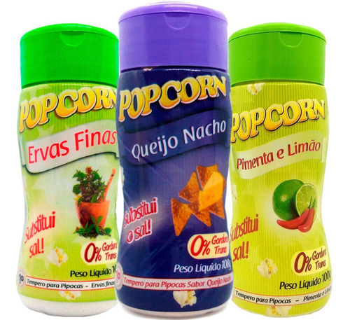 Combo 3 Temperos Pipoca Popcorn Sabores Ervas Finas, Pimenta