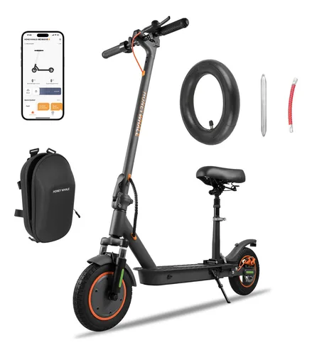 Patinete elétrico Honeywhale M2 Max-b na cor cinza com assento instalado, acompanhado de bolsa de transporte, câmara de ar, bomba e acessórios, exibindo um smartphone com o aplicativo de controle aberto ao lado.