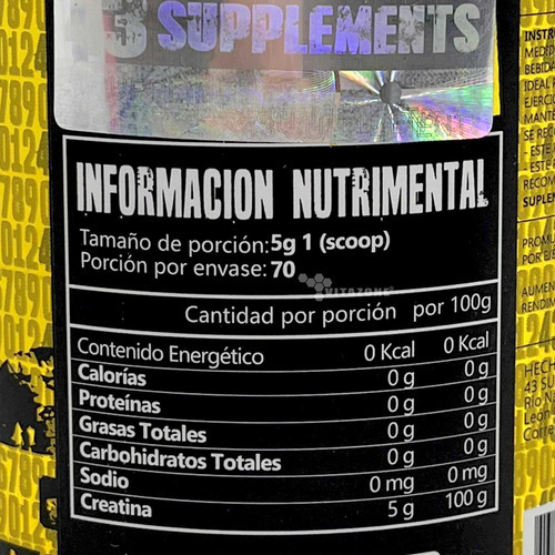 Creatina Monohidratada 43 Supplements 350g Creatina Dlc S5 Sabor Sin Sabor