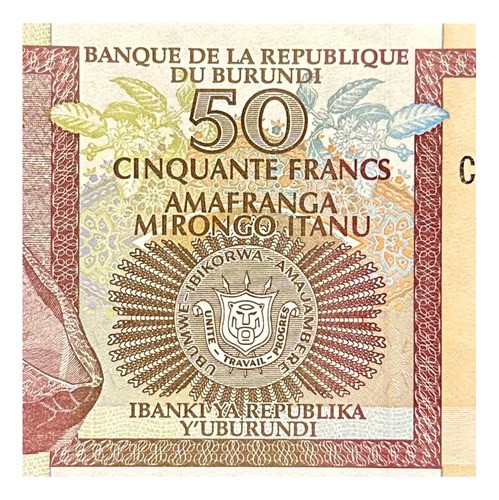 Burundi - 50 Francos - Año 2003 - P #36 - Hipopótamo - Canoa