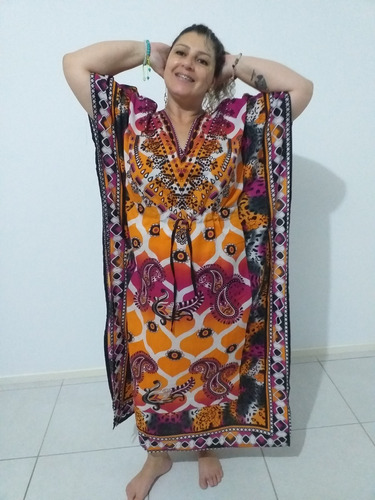 Vestido Indiano Kafta Longo Saída De Praia Estampado Casual