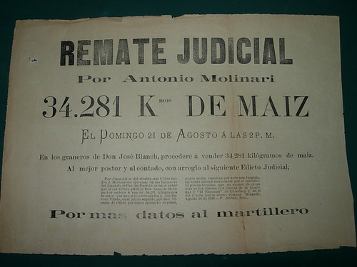 Antiguo Cartel Remate Judicial Bragado Antonio Molinari 1898