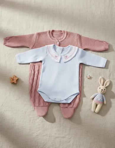 Kit Macacão Trançado Rosa E Body Gola Bordada Du