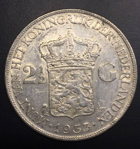 Hol002 Moneda Holanda 2 1/2 Gulden 1933 Xf Plata Ayff
