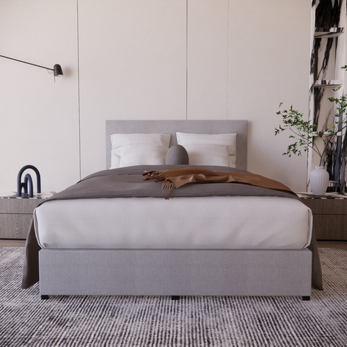 Cama Recamara Base Y Cabecera Urban King Size Madera Tapiz Lino Gris