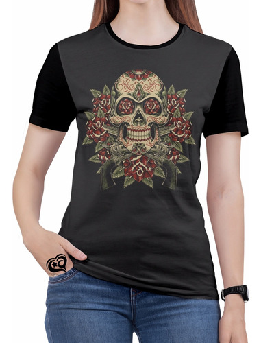 Camiseta Caveira Mexicana Rock Moto Feminina Roupas Blusa F