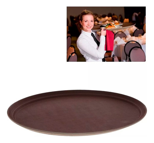 Charola Mesero Antideslizante Ovalada Plastico 51x63cm 6 Pzs Color Marrón