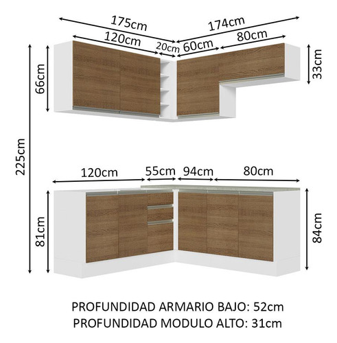 Armario De Cocina Integral Esquinera 349cm Glamy Madesa 03 Color Blanco
