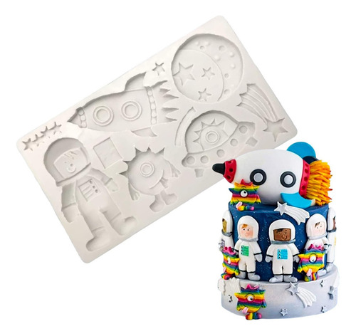 Molde Silicona Astronauta Nave Espacial Xl Fondant Porcelana Color Blanco