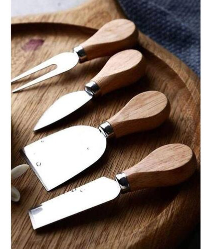 Kit 4 Utensílios Para Queijo Faca Garfo Espátula Petisco Cor Madeira