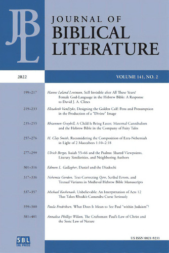 Journal Of Biblical Literature 141.2 (2022), De Hylen, Susan E.., Vol. 1. Editorial Soc Of Biblical Literature, Tapa Blanda, Edición Volume 141, No. 2 En Inglés, 2022