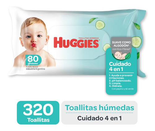 Imagen 1 de 5 de Toallas Humedas Huggies Cuidado 4 En 1 80 X 4 Unidades