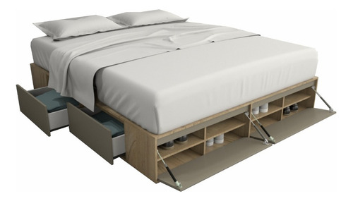 Cama Box Sommier 2 Plazas 4 Cajones + Zapatero King 180m Cuo Color Olmo/gris