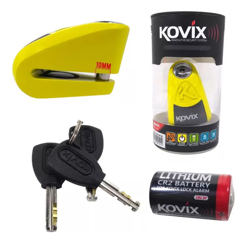 Traba Disco Kovix Con Alarma Amarillo Perno 10mm Hanex Um