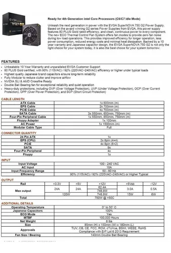 Evga Supernova 750 G2 Power Supply Fuente De Poder