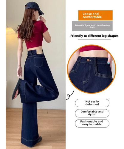 Pantalones Largos De Algodón De Cintura Alta Con Jeans Ancho