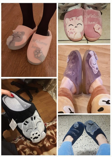 Imagen 10 de 10 de Pantuflas Peluche Gatos Lindas Cómodas Mujer Hombre Parejas