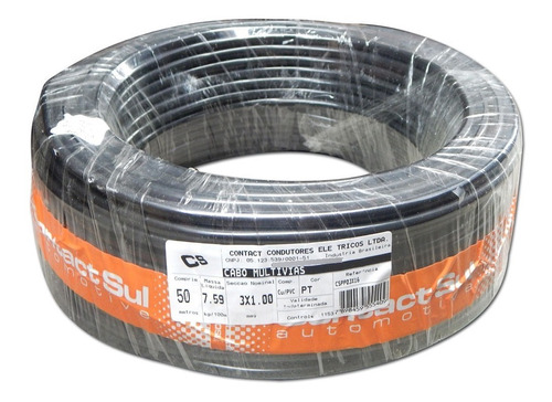 Rolo 50m Cabo Pp Contact 3x1,00mm / 3x1 Mm - Fio 100% Cobre