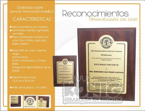 Imagen 4 de 4 de Reconocimiento Con Placa 1/4 Carta, Grabado Con Laser
