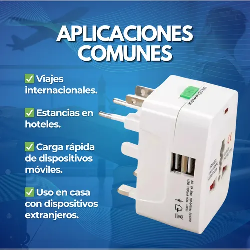 Adaptador Enchufe Universal Ac Viajero + Cargador 2 Usb