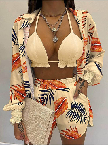 06 Traje Baño Hawaiano Paramujer 3 Piezas Conjunto Playa