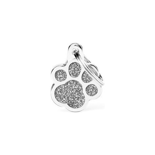 Chapita De Info Para Perro Personalizada Huella Gris Glitter