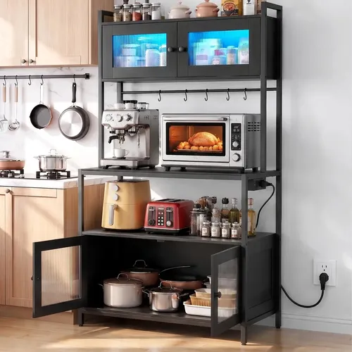 SAFONUS Muble para Microondas 5 Niveles, Organizador para Cocina H160*L80cm, Organizador de Cocina Con 1.5M, Armario de Almacenamiento de Cocina con 4 Puertas y RGB, Mueble para Cocina con 5 Ganchos