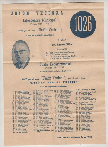 Elecciones Intendencia 1950 Tres Listas De Union Vecinal Mvd (Usado)