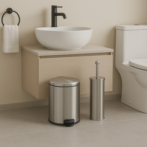 Set Accesorios Baño Escobilla Y Tacho Metal Estetico 3 Lts Plateado
