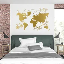 Comprar Vinilos Decorativos Para Pared Mapa Viajero Por El Mundo Oro