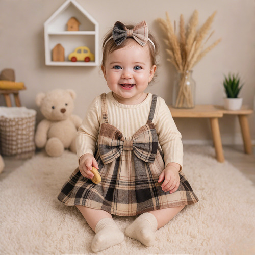 Vestido De Cuadros Con Lazo Falda De Algodón Para Bebé Niña