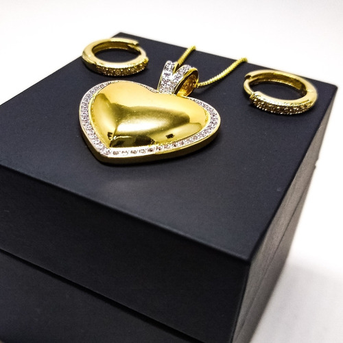 Conjunto Colar E Brinco Feminino Coração E Argola Com Pedra