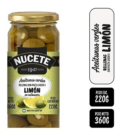 Imagen 2 de 2 de Aceitunas Verdes Rellenas De Limon Frasco 360 Gr