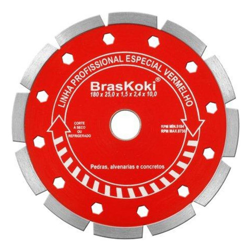 Disco Diamantado Braskoki 180mm Segmentado Vermelho Seco Agu