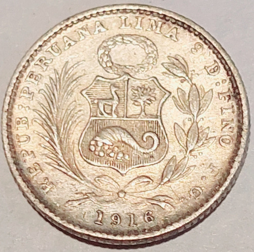 1 Din Un Dinero Plata Peru 1916 Moneda República Peruana 