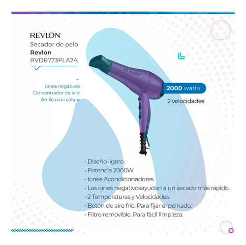 Imagen 6 de 10 de Secador De Pelo Revlon Rvdr773pla2a Violeta 2000 Watts