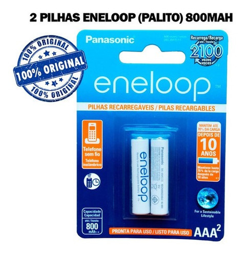 2 Pilhas Palito Aaa Recarregável Eneloop 800mah Panasonic 